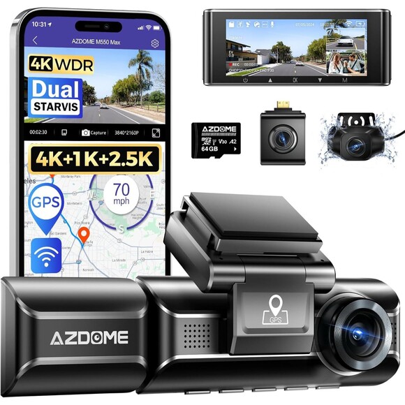 M550 Max 4K Triple Dash Cam, Dual Sensors, WiFi, GPS, 64GB, Night Vision